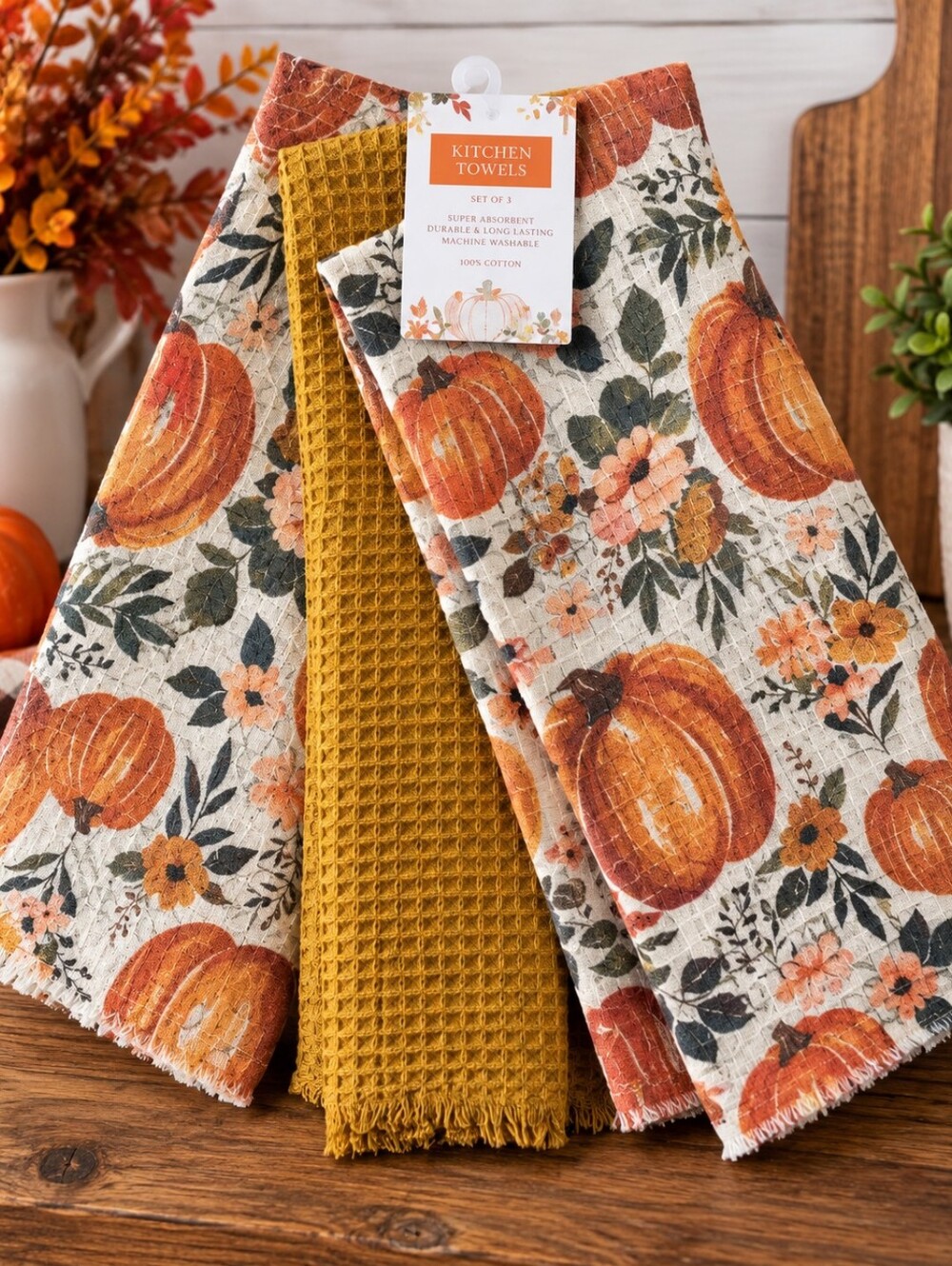 Pumpkin Print Cotton Kitchen Towels with Mustard Waffle - Set of 3